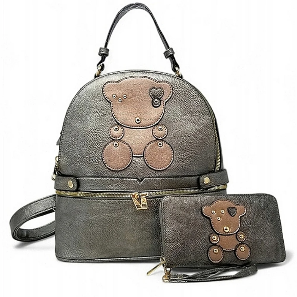 Metallic Pewter Bear Backpack and wallet set
